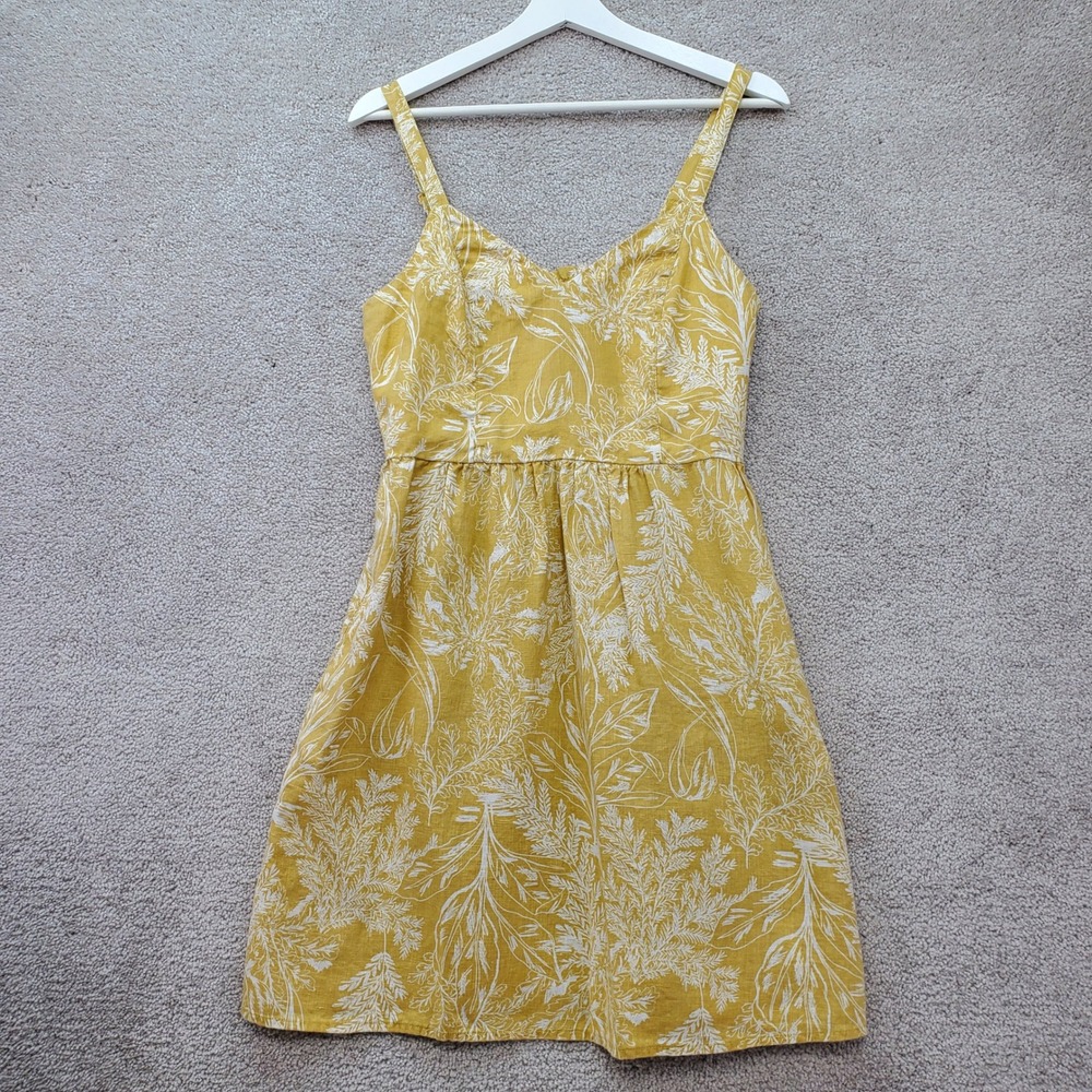 Tahari Sun Dress Women 8 Yellow Floral Linen Blend Smocked Back Adjustable Strap